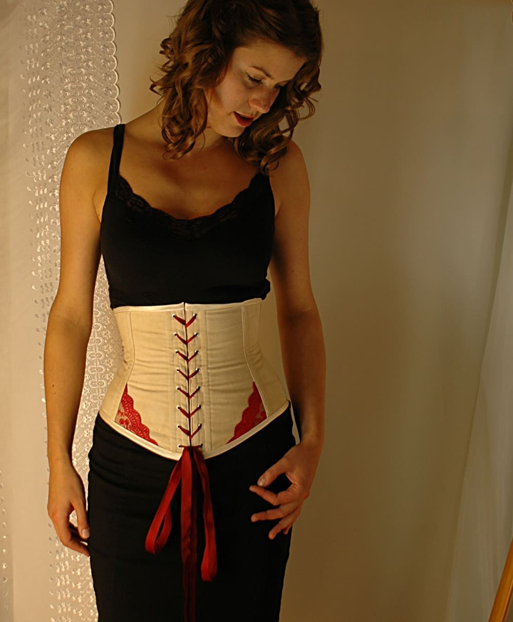 Antiqued cotton and burgundy front lacing waspie corset