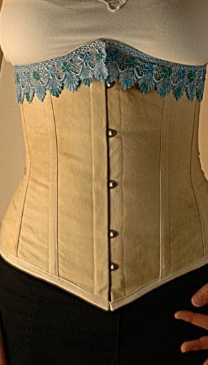 Antiqued cotton underbust corset with blue guipure lace